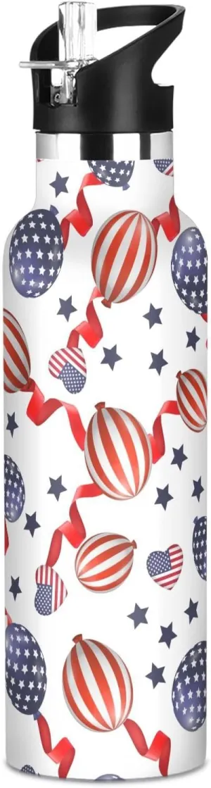 Boys Water Bottle with Straw Reusable Tumbler for Toddlers 20oz Kids Insulated Cups Leak Proof Double Wall 304 Stainless Steel Water Flask School Bottle,Balloons in Red Stripes