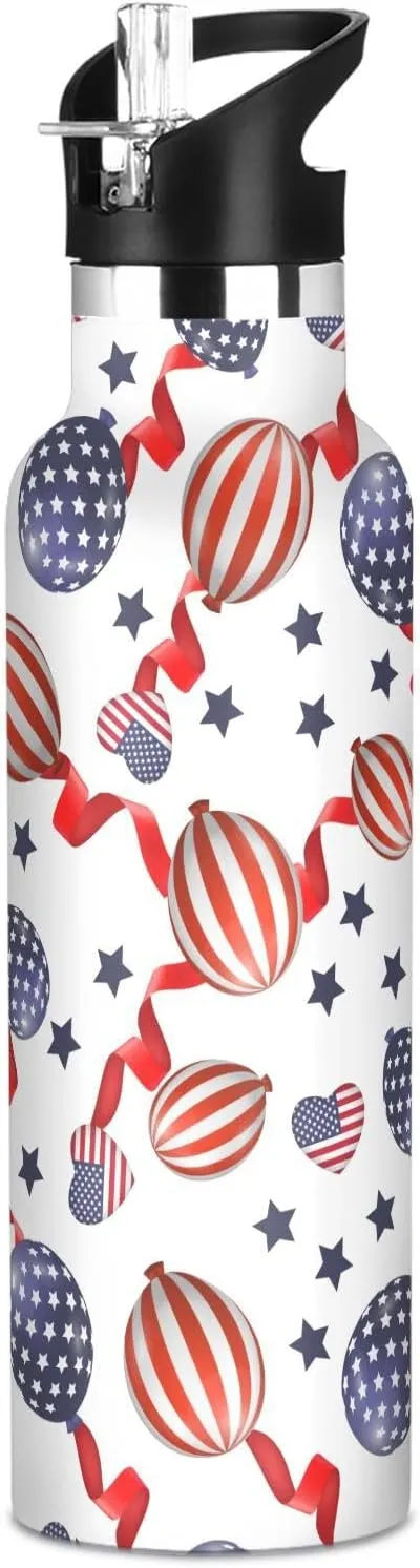Boys Water Bottle with Straw Reusable Tumbler for Toddlers 20oz Kids Insulated Cups Leak Proof Double Wall 304 Stainless Steel Water Flask School Bottle,Balloons in Red Stripes
