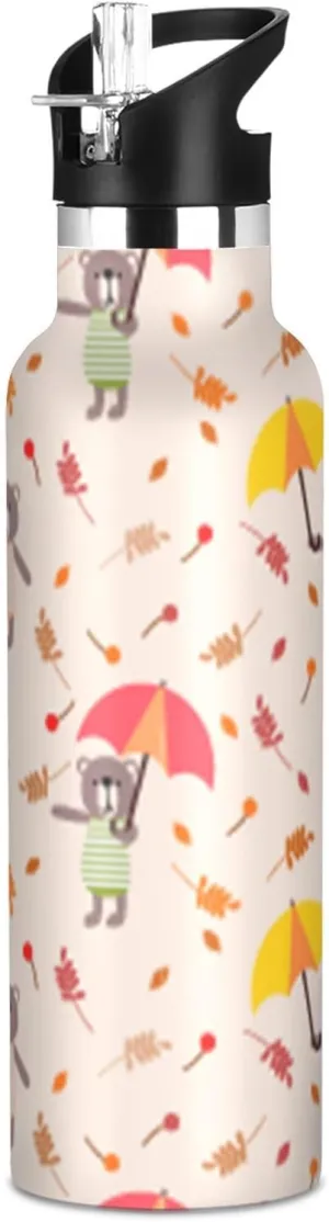 Boys Water Bottle with Straw Reusable Tumbler for Toddlers 20oz Kids Insulated Cups Leak Proof Double Wall 304 Stainless Steel Water Flask School Bottle,Bear Hold Colorful Umbrella