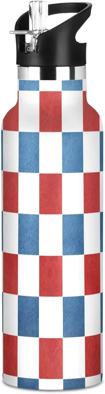 Boys Water Bottle with Straw Reusable Tumbler for Toddlers 20oz Kids Insulated Cups Leak Proof Double Wall 304 Stainless Steel Water Flask School Bottle,Blue and Red Square