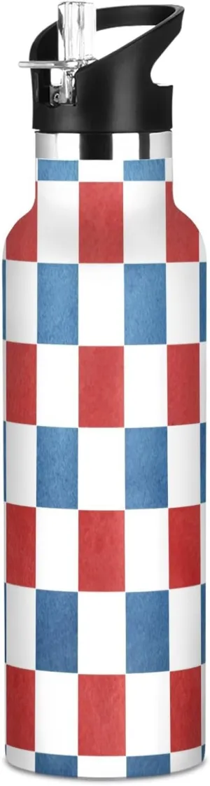 Boys Water Bottle with Straw Reusable Tumbler for Toddlers 20oz Kids Insulated Cups Leak Proof Double Wall 304 Stainless Steel Water Flask School Bottle,Blue and Red Square