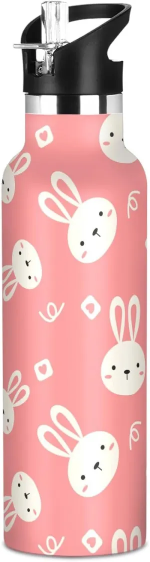 Boys Water Bottle with Straw Reusable Tumbler for Toddlers 20oz Kids Insulated Cups Leak Proof Double Wall 304 Stainless Steel Water Flask School Bottle,Cartoon Liittle Rabbit
