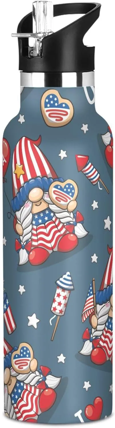 Boys Water Bottle with Straw Reusable Tumbler for Toddlers 20oz Kids Insulated Cups Leak Proof Double Wall 304 Stainless Steel Water Flask School Bottle,Cute Gnome Love Usa