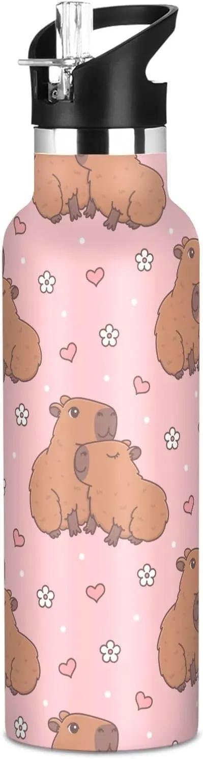 Boys Water Bottle with Straw Reusable Tumbler for Toddlers 20oz Kids Insulated Cups Leak Proof Double Wall 304 Stainless Steel Water Flask School Bottle,Cute Hugging Capybaras