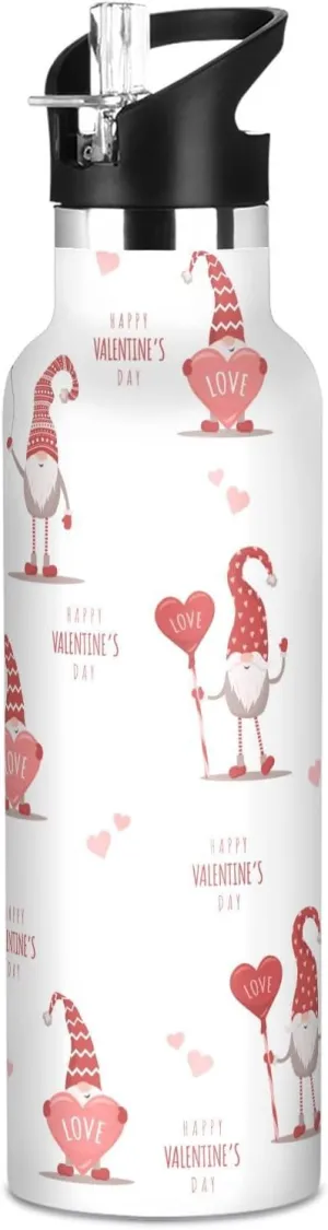 Boys Water Bottle with Straw Reusable Tumbler for Toddlers 20oz Kids Insulated Cups Leak Proof Double Wall 304 Stainless Steel Water Flask School Bottle,Gnomes Happy Valentines Day