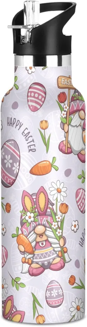 Boys Water Bottle with Straw Reusable Tumbler for Toddlers 20oz Kids Insulated Cups Leak Proof Double Wall 304 Stainless Steel Water Flask School Bottle,Happy Easter with Funny Gnome