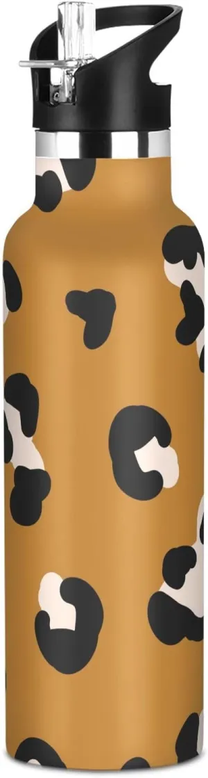 Boys Water Bottle with Straw Reusable Tumbler for Toddlers 20oz Kids Insulated Cups Leak Proof Double Wall 304 Stainless Steel Water Flask School Bottle,Leopard Spot Print
