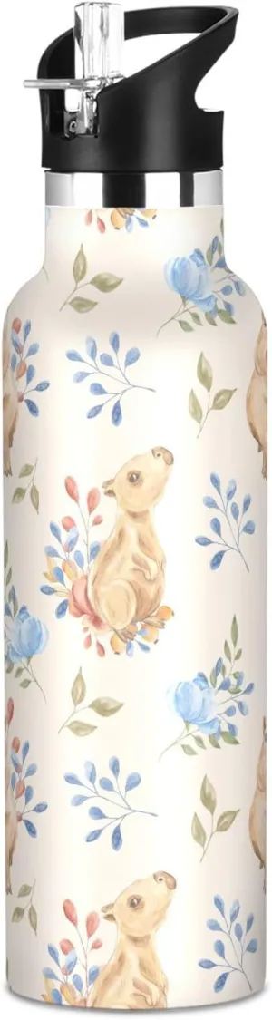 Boys Water Bottle with Straw Reusable Tumbler for Toddlers 20oz Kids Insulated Cups Leak Proof Double Wall 304 Stainless Steel Water Flask School Bottle,Painted Capybara Watercolor