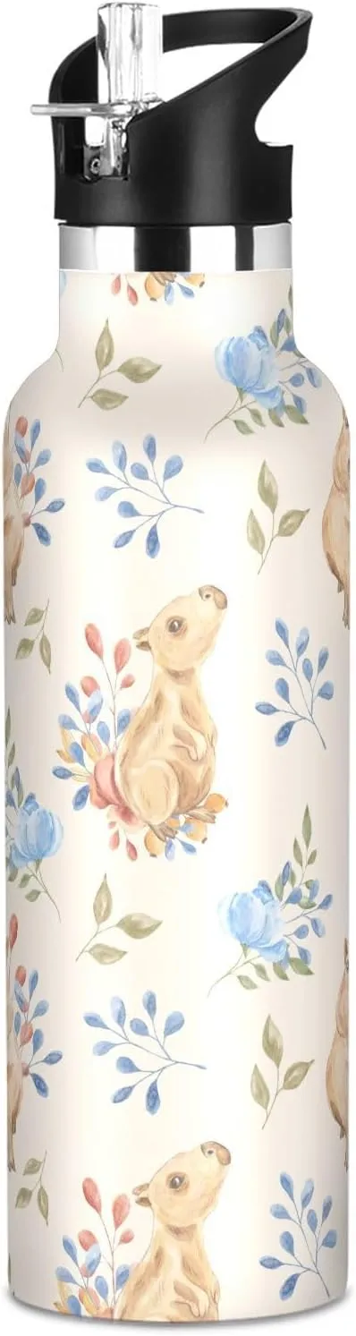 Boys Water Bottle with Straw Reusable Tumbler for Toddlers 20oz Kids Insulated Cups Leak Proof Double Wall 304 Stainless Steel Water Flask School Bottle,Painted Capybara Watercolor