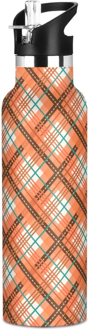 Boys Water Bottle with Straw Reusable Tumbler for Toddlers 20oz Kids Insulated Cups Leak Proof Double Wall 304 Stainless Steel Water Flask School Bottle,Plaid Dark Orange