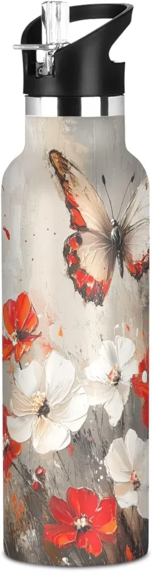 Boys Water Bottle with Straw Reusable Tumbler for Toddlers 20oz Kids Insulated Cups Leak Proof Double Wall 304 Stainless Steel Water Flask School Bottle,Red Butterflies and Flowers