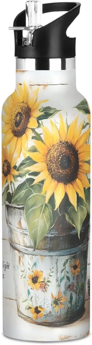 Boys Water Bottle with Straw Reusable Tumbler for Toddlers 20oz Kids Insulated Cups Leak Proof Double Wall 304 Stainless Steel Water Flask School Bottle,Retro Potted Sunflowers