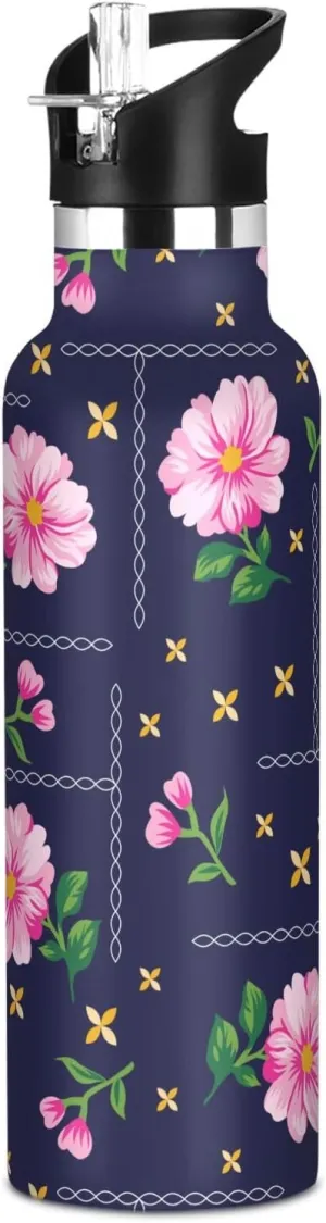 Boys Water Bottle with Straw Reusable Tumbler for Toddlers 20oz Kids Insulated Cups Leak Proof Double Wall 304 Stainless Steel Water Flask School Bottle,Roses with Decorative Frames