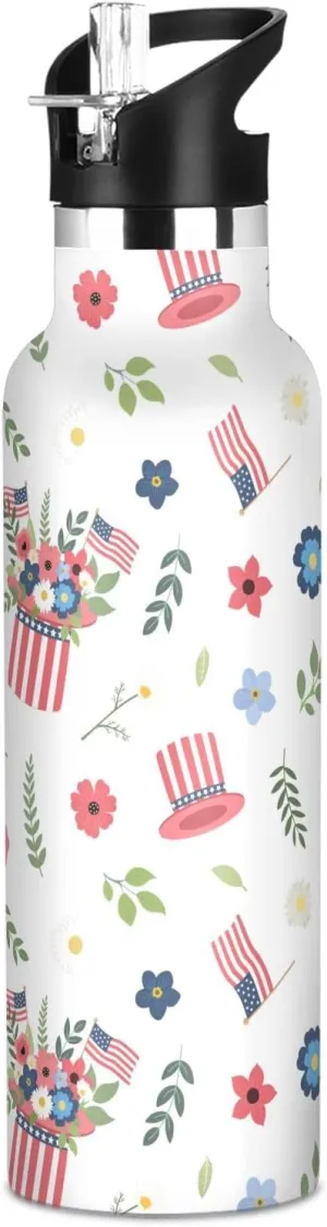 Boys Water Bottle with Straw Reusable Tumbler for Toddlers 20oz Kids Insulated Cups Leak Proof Double Wall 304 Stainless Steel Water Flask School Bottle,Simple Top Hat Flags