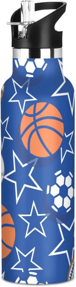 Boys Water Bottle with Straw Reusable Tumbler for Toddlers 20oz Kids Insulated Cups Leak Proof Double Wall 304 Stainless Steel Water Flask School Bottle,Sports Balls Blue