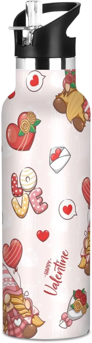 Boys Water Bottle with Straw Reusable Tumbler for Toddlers 20oz Kids Insulated Cups Leak Proof Double Wall 304 Stainless Steel Water Flask School Bottle,Valentine Day with Cute Gnomes