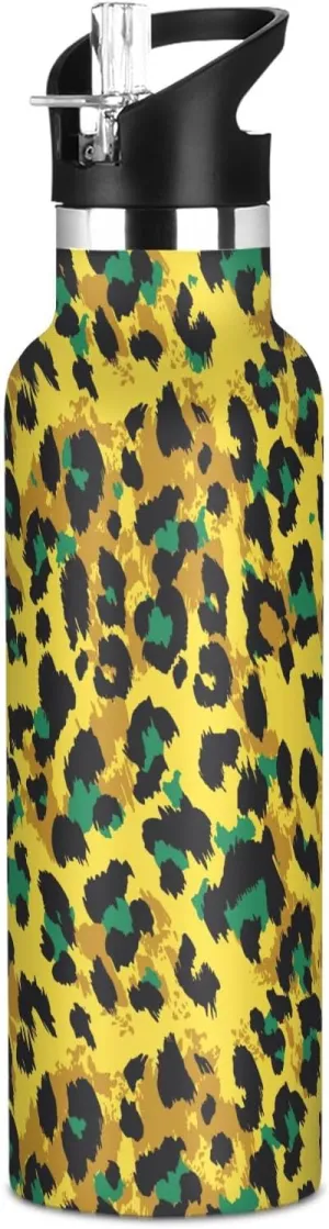 Boys Water Bottle with Straw Reusable Tumbler for Toddlers 20oz Kids Insulated Cups Leak Proof Double Wall 304 Stainless Steel Water Flask School Bottle,Yellow Leopard Skin Texture