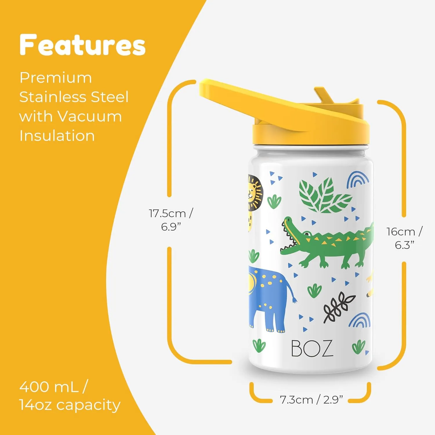 BOZ Kids Water Bottle for School with Straw Lid, Stainless Steel Insulated Water Bottle for Kids, Toddler Water Bottle, Leak Proof Water Bottle for Kids and Toddlers, 14 oz (414ml) (Safari)
