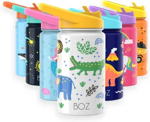 BOZ Kids Water Bottle for School with Straw Lid, Stainless Steel Insulated Water Bottle for Kids, Toddler Water Bottle, Leak Proof Water Bottle for Kids and Toddlers, 14 oz (414ml) (Safari)