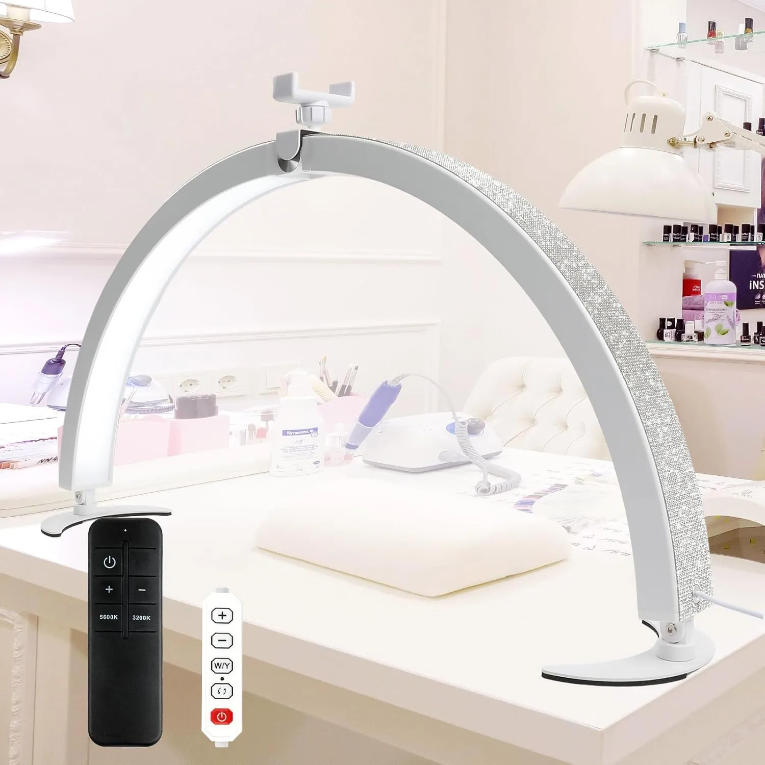 BQAN Half Moon Light for Nail Desk, 29" 40W Professional Nails Table Tech Lamp with Phone Holder & Controller & Remote, Rhinestone Lash Light for Eyelash Tech, Makeup, Tattoo, Spa, Salon (White)