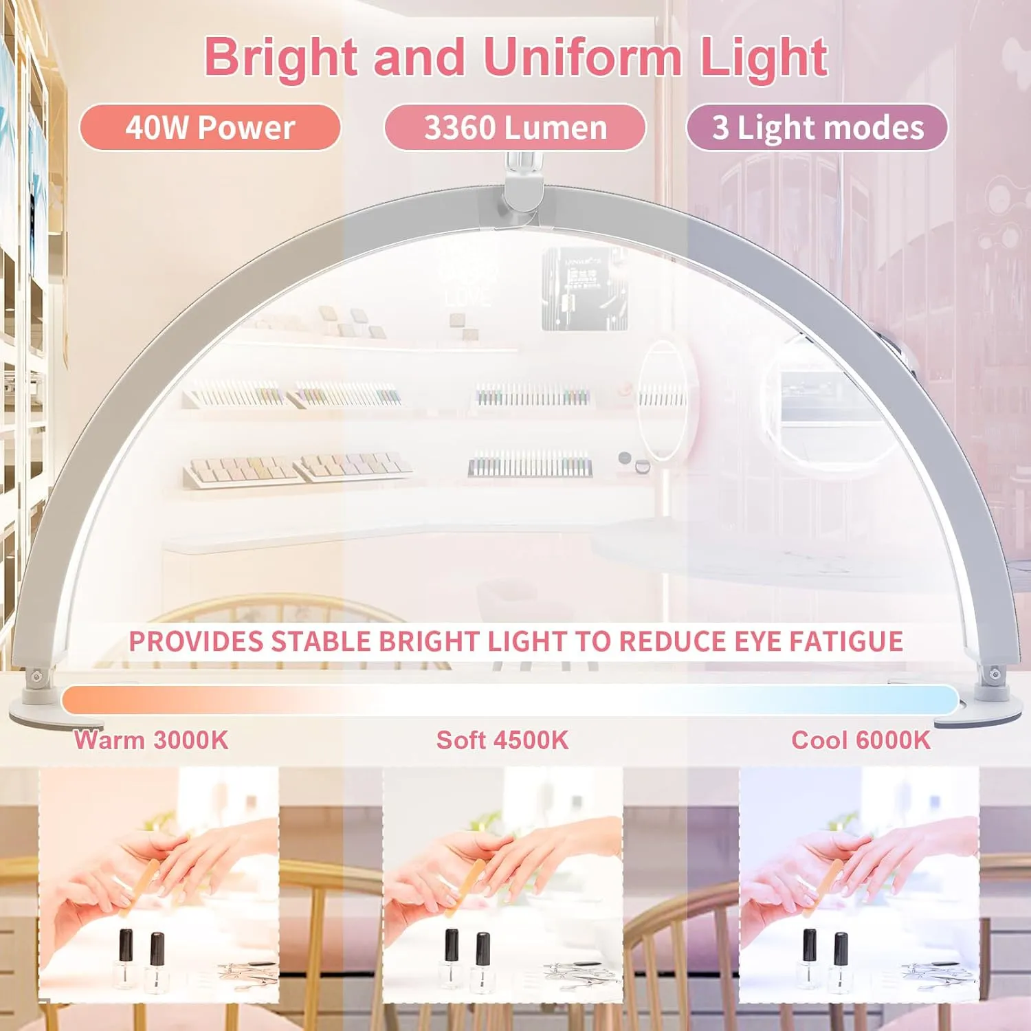 BQAN Half Moon Light for Nail Desk, 29" 40W Professional Nails Table Tech Lamp with Phone Holder & Controller & Remote, Rhinestone Lash Light for Eyelash Tech, Makeup, Tattoo, Spa, Salon (White)