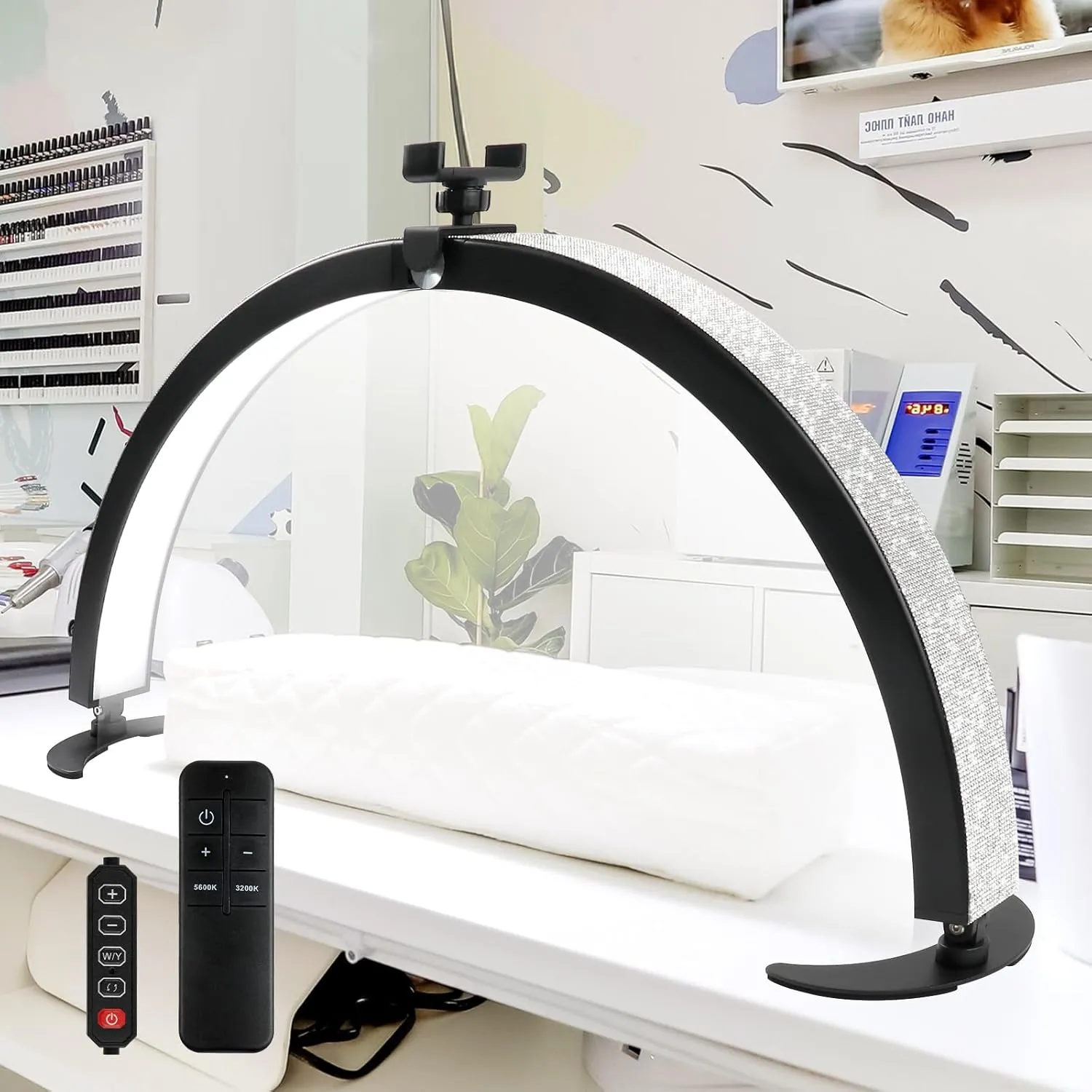 BQAN Half Moon Light for Nail Desk, 29" 40W Professional Nails Table Tech Lamp with Phone Holder & Controller & Remote, Rhinestone Lash Light for Eyelash Tech, Makeup, Tattoo, Spa, Salon(Black)