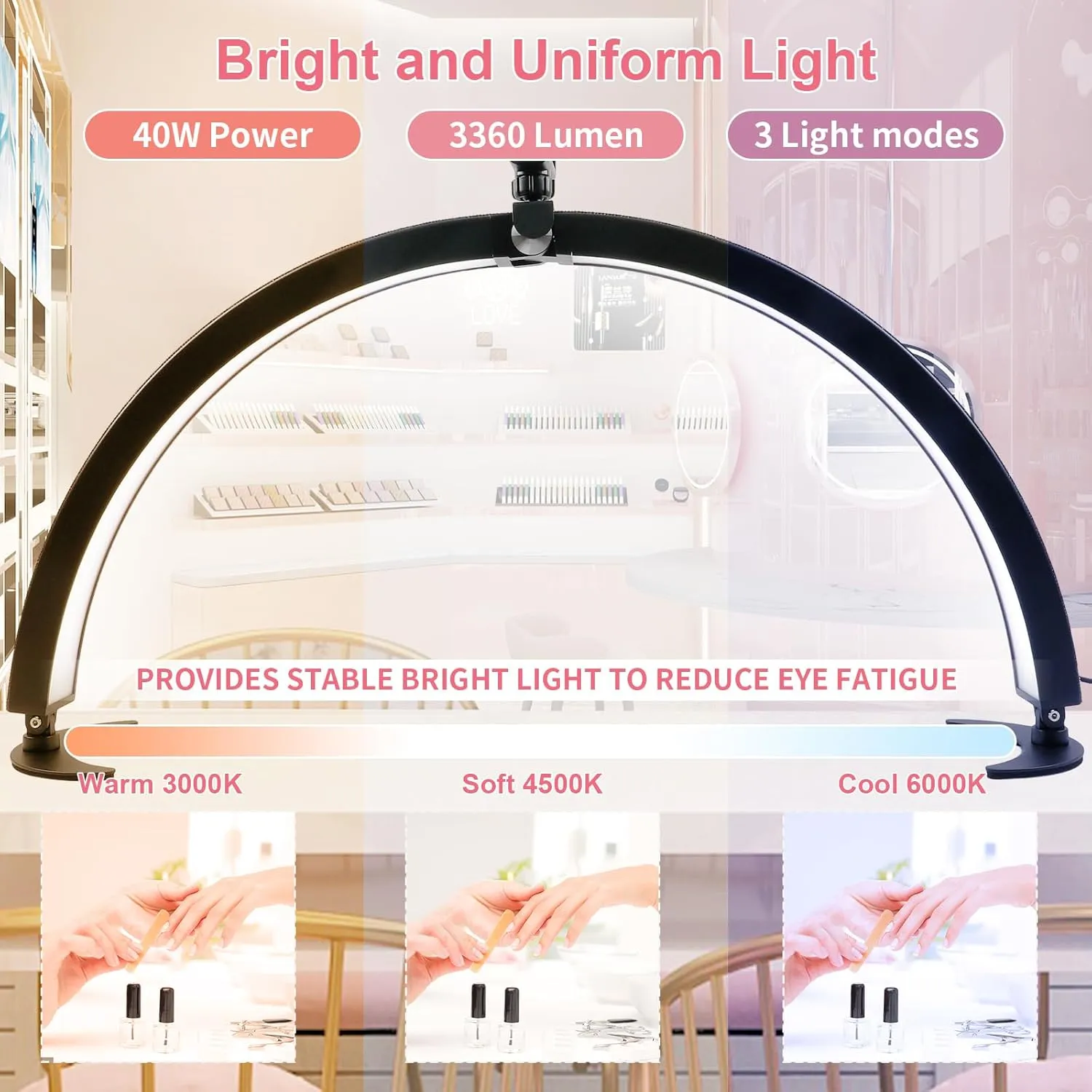BQAN Half Moon Light for Nail Desk, 29" 40W Professional Nails Table Tech Lamp with Phone Holder & Controller & Remote, Rhinestone Lash Light for Eyelash Tech, Makeup, Tattoo, Spa, Salon(Black)