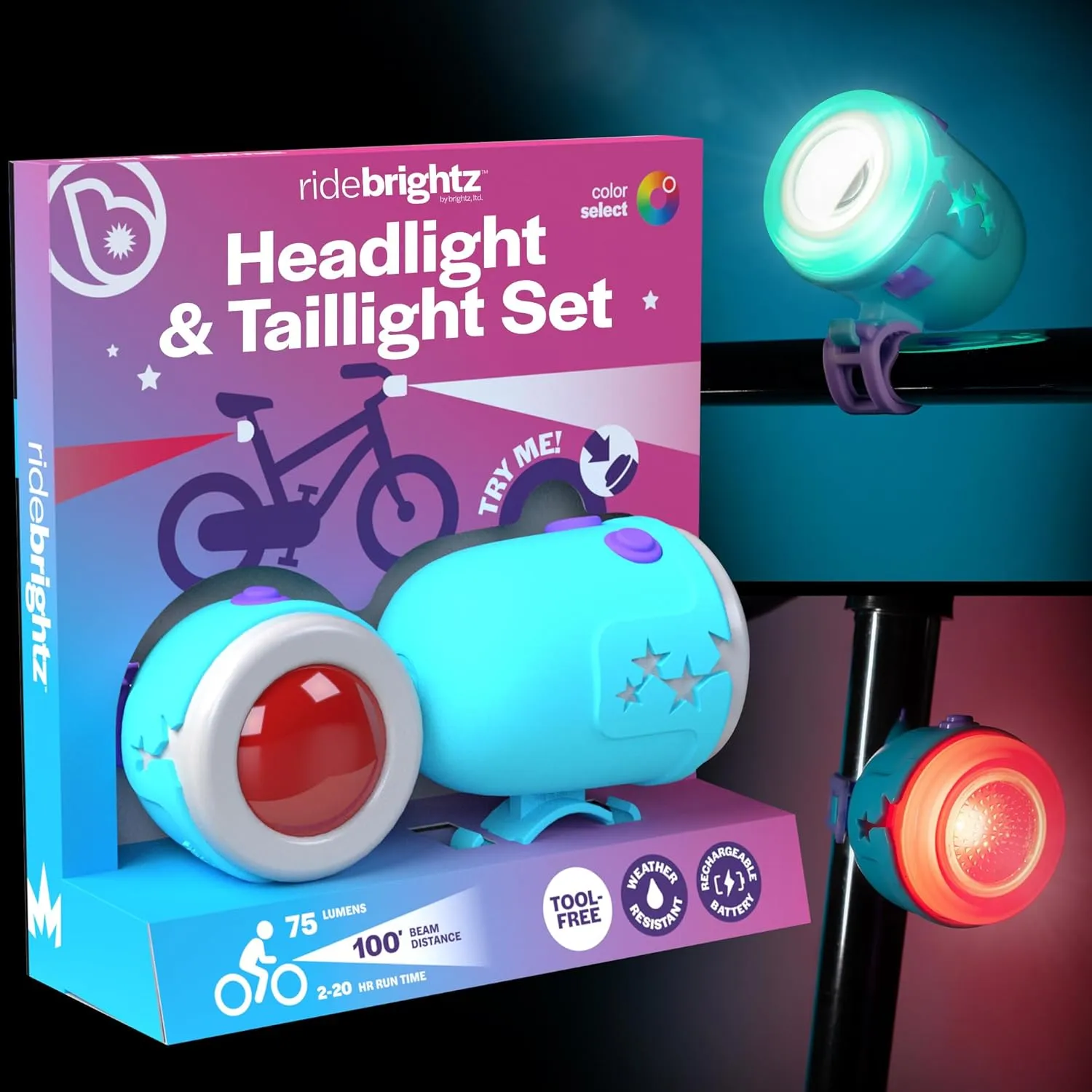Brightz RideBrightz LED Bike Headlight & Taillight Set for Kids - Be Cool & Be Safe! - 75 Lumen, 100' Beam Distance - Rechargeable - Perfect for Boys & Girls of All Ages - Works with Bikes & Scooters