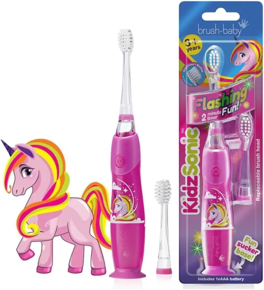 Brush Baby KidzSonic Toddler and Kid Electric Unicorn Toothbrush for Ages 3  Years - Disco Lights, Gentle Vibration, and Smart Timer Provide a Fun Brushing Experience - 3  yrs with Brush Heads