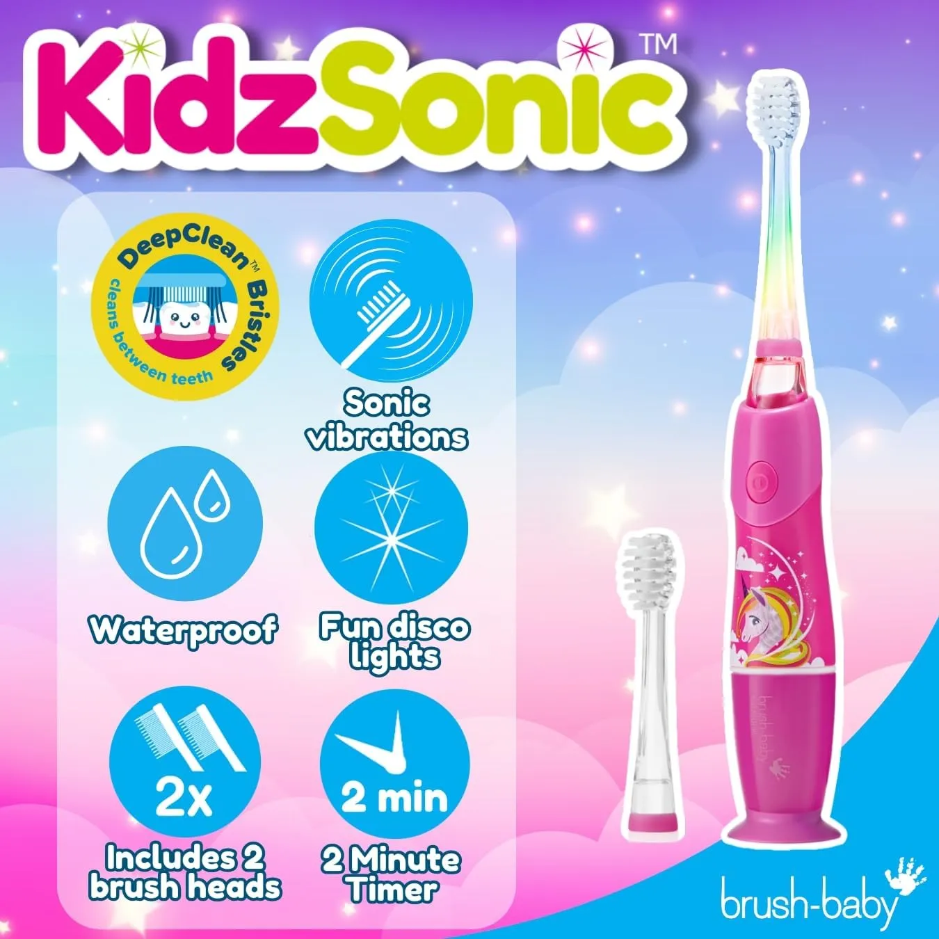 Brush Baby KidzSonic Toddler and Kid Electric Unicorn Toothbrush for Ages 3  Years - Disco Lights, Gentle Vibration, and Smart Timer Provide a Fun Brushing Experience - 3  yrs with Brush Heads