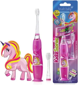 Brush Baby KidzSonic Toddler and Kid Electric Unicorn Toothbrush for Ages 3  Years - Disco Lights, Gentle Vibration, and Smart Timer Provide a Fun Brushing Experience - 3  yrs with Brush Heads