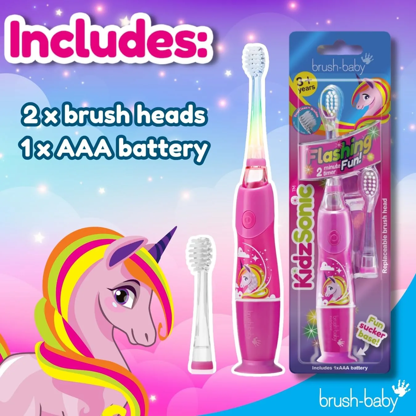 Brush Baby KidzSonic Toddler and Kid Electric Unicorn Toothbrush for Ages 3  Years - Disco Lights, Gentle Vibration, and Smart Timer Provide a Fun Brushing Experience - 3  yrs with Brush Heads