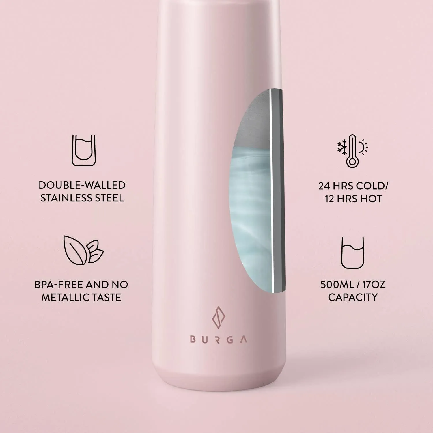 BURGA Insulated Water Bottle (17oz) – Stylish Stainless Steel Water Bottles – Durable Metal Water Bottle Stays Hot or Cold – Anti-Slip, Leak-Proof Reusable Water Bottle – Blush Pink Water Bottle