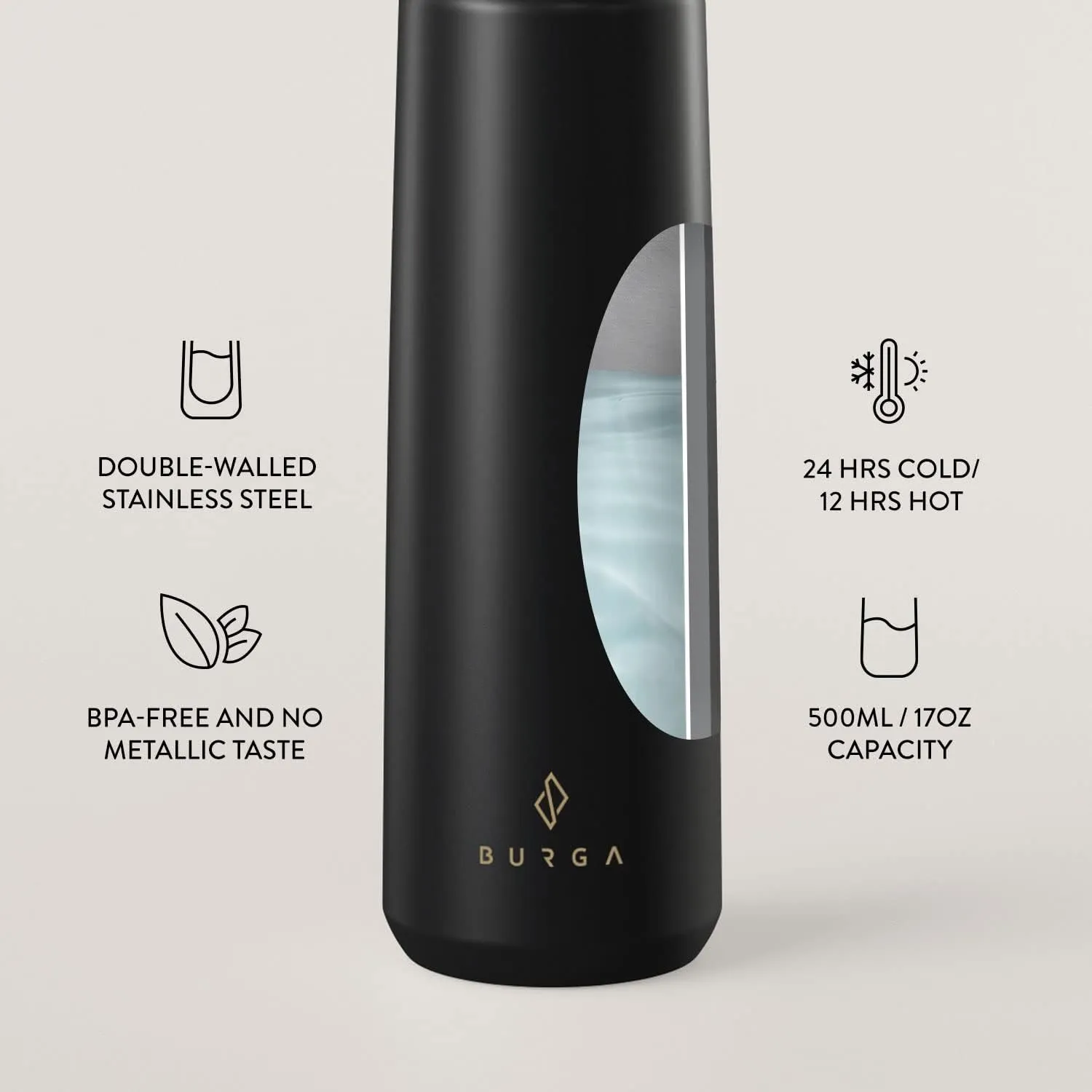 BURGA Insulated Water Bottle (17oz) – Stylish Stainless Steel Water Bottles – Durable Metal Water Bottle Stays Hot or Cold – Anti-Slip, Leak-Proof Reusable Water Bottle – Pure Black Water Bottle