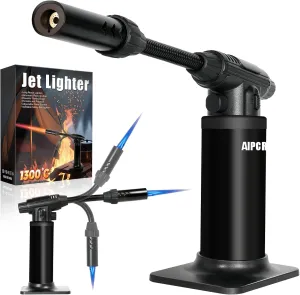 Butane Torch Lighter with Long 360° Flexible Neck, Refillable Cooking Torch Windproof Lighter Adjustable Flame Safety Lock for Kitchen Baking Fireplace BBQ Soldering Camping, Butane Fuel Not Included