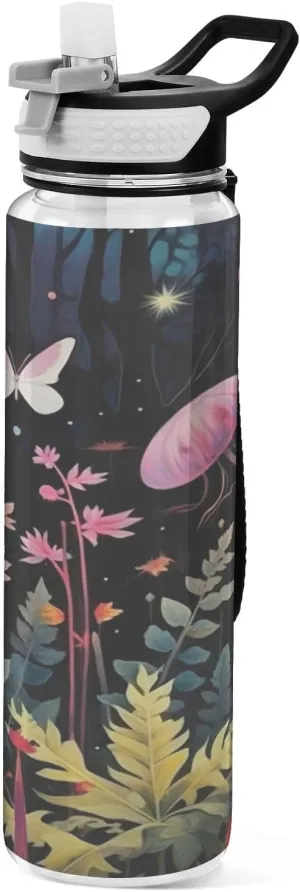Butterflies Mushrooms Water Bottle with Straw Lid, 32oz Leakproof Clear Plastic Sport Water Bottle for Gym, Hiking, School