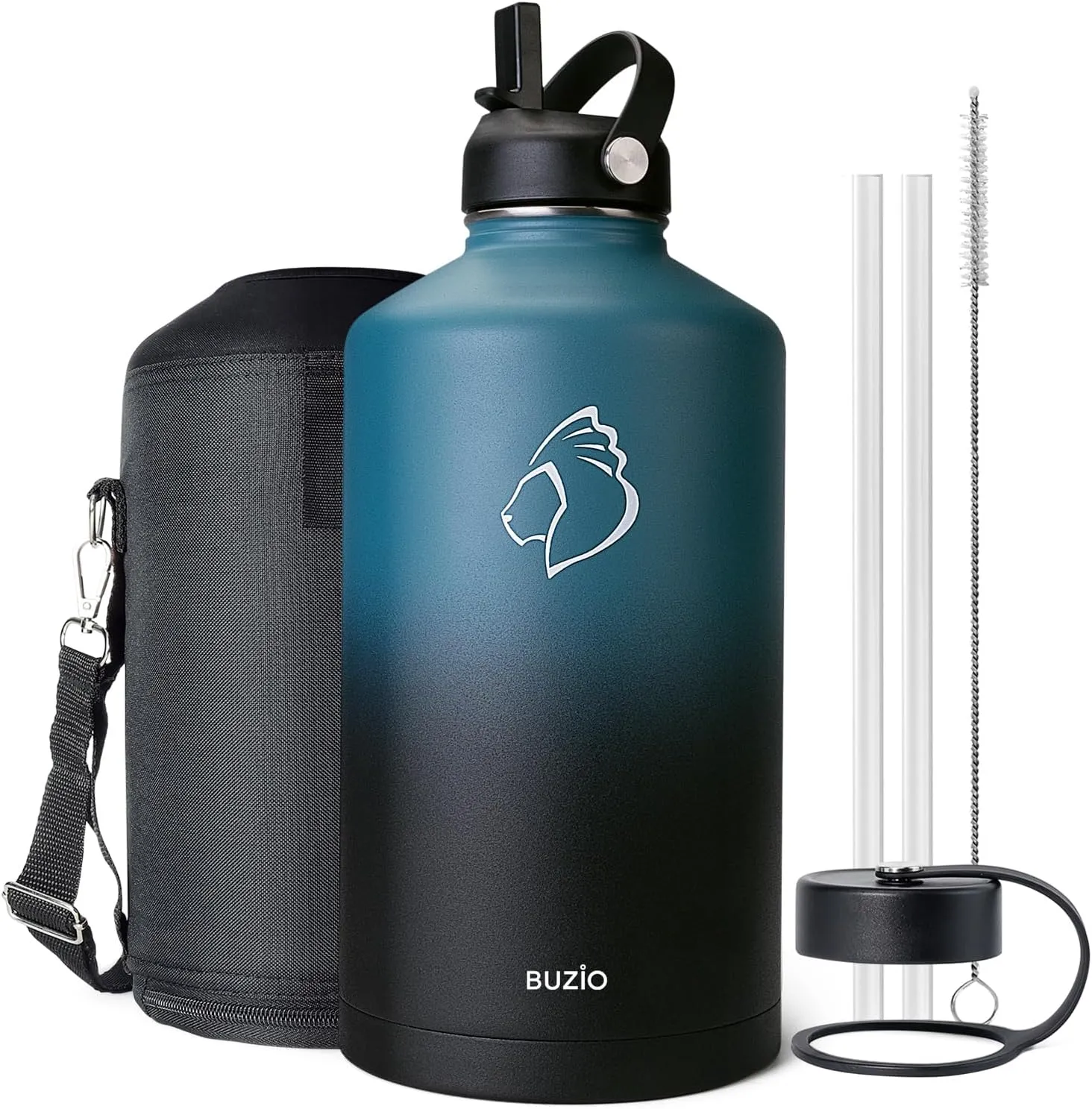 BUZIO 1 Gallon Water Bottle Insulated with Straw Lid, 128oz Large Water Jug Stainless Steel Metal Vacuum Water Flask Leak Proof 18/8 Food Grade Thermo Mug Keep Cold 48H & Hot 24H, Indigo Crush