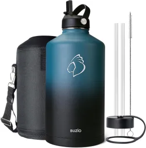 BUZIO 1 Gallon Water Bottle Insulated with Straw Lid, 128oz Large Water Jug Stainless Steel Metal Vacuum Water Flask Leak Proof 18/8 Food Grade Thermo Mug Keep Cold 48H & Hot 24H, Indigo Crush