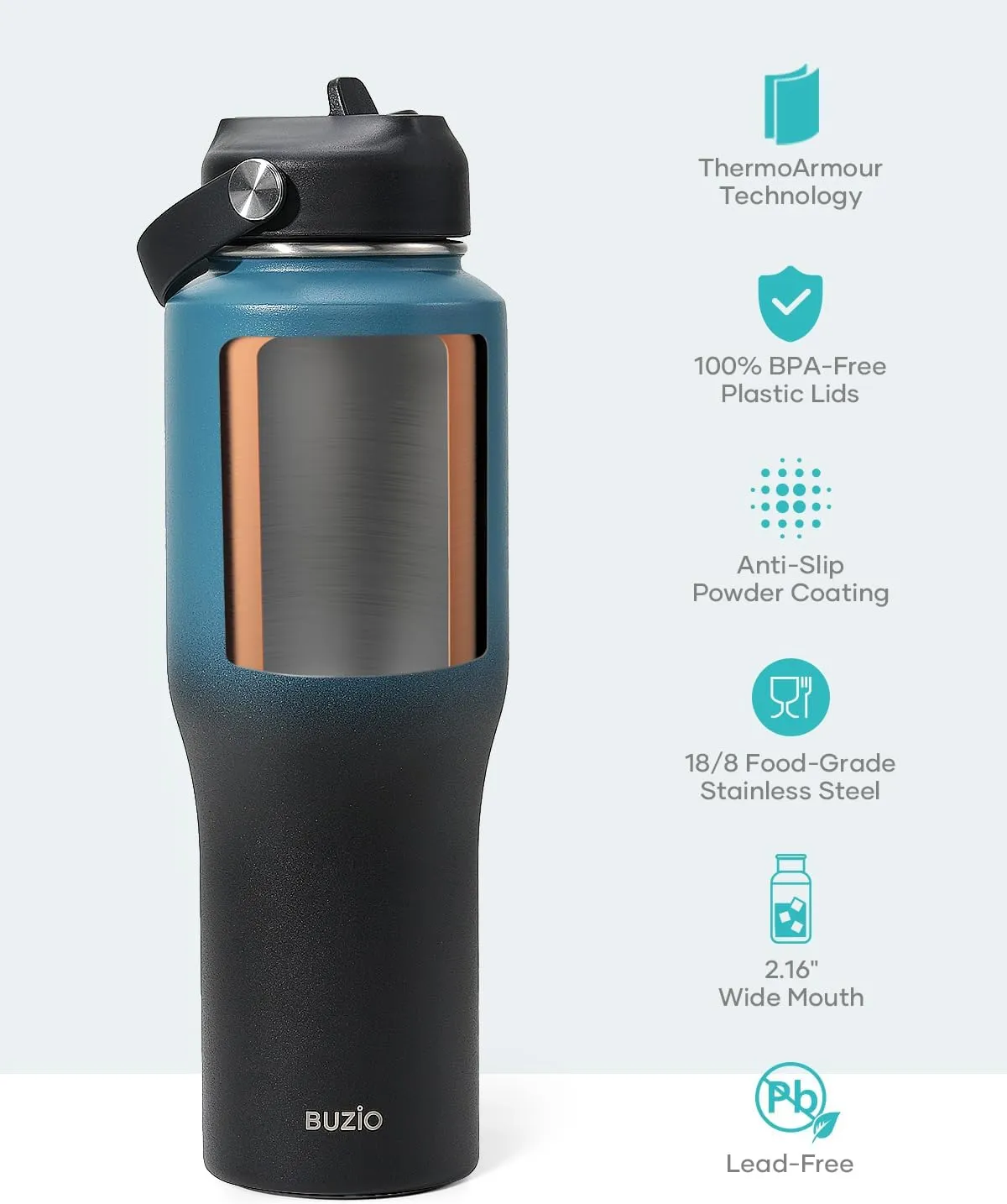 BUZIO 32oz Insulated Water Bottle Fits in Cup Holder, Stainless Steel Tumbler with Straw, Double Wall Metal Water Bottle for Hot Cold, BPA-Free Sweat-Proof Water Flask for Sports, Indigo Crush