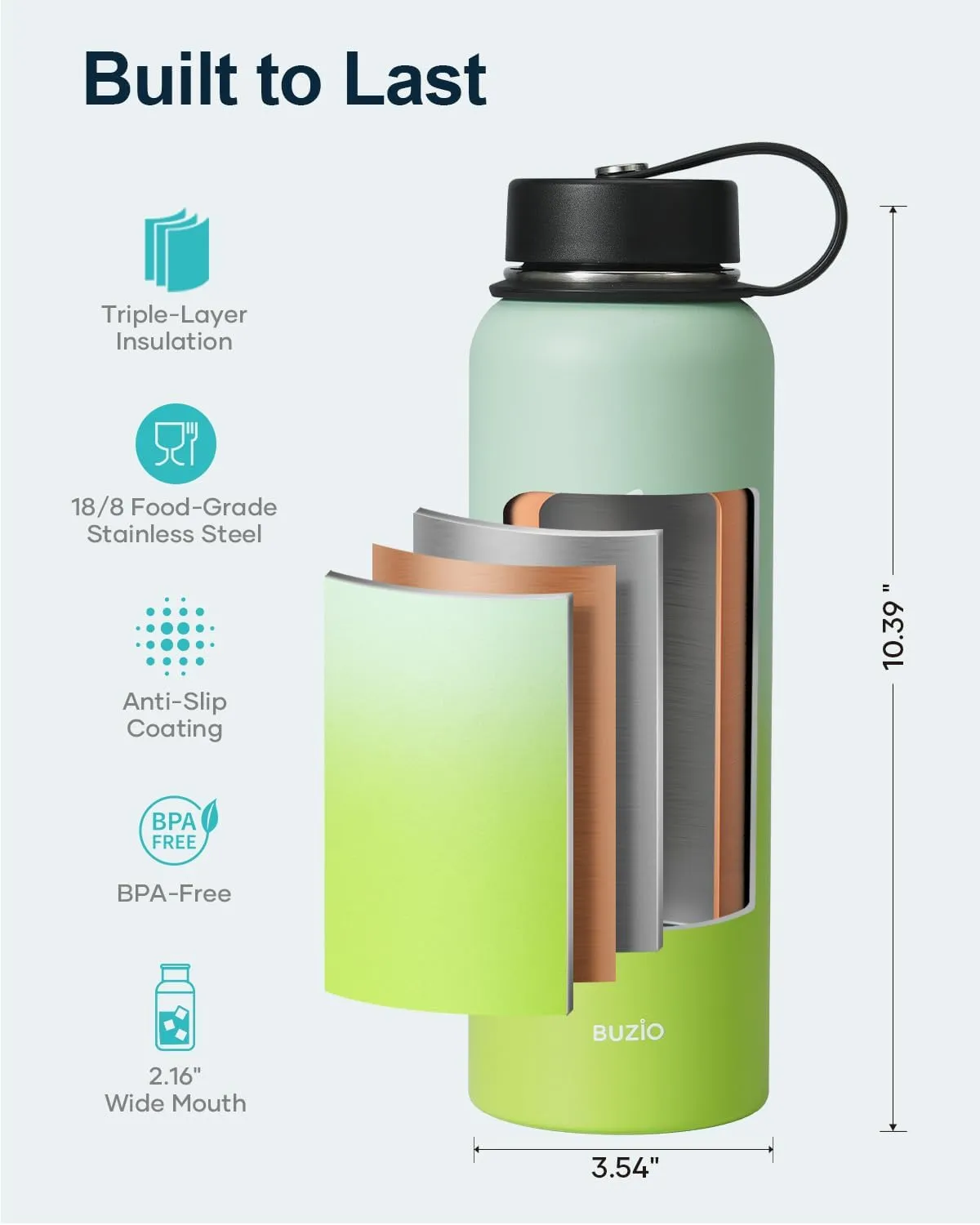 BUZIO 40oz Insulated Water Bottle, Triple Wall Stainless Steel Water Flask with 2 lids, Leakproof BPA-Free Straw Lid Sports Canteen for Sports Hiking, Cold 48H & Hot 24H- Gradient Green