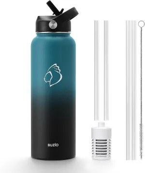 BUZIO Insulated Filtered Water Bottle, Stainless Steel Travel Bottle with Carbon Filter and Straw Lid, Reusable for Clean Drinking Water On The Go, Cold for 48 Hours, 40oz, Indigo Crush