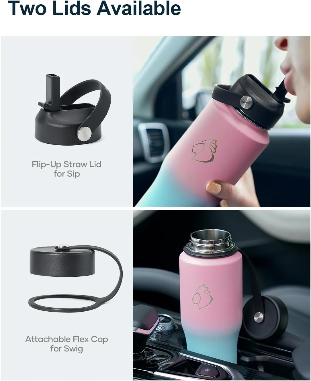 BUZIO Stainless Steel Water Bottle Vacuum Insulated (Cold for 48 Hrs, Hot for 24 Hrs),32oz Tumbler Travel Flask with Straw Lid and Flex Cap, Fit in Any Car Cup Holder,Bubble Gum