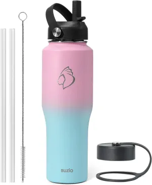 BUZIO Stainless Steel Water Bottle Vacuum Insulated (Cold for 48 Hrs, Hot for 24 Hrs),32oz Tumbler Travel Flask with Straw Lid and Flex Cap, Fit in Any Car Cup Holder,Bubble Gum