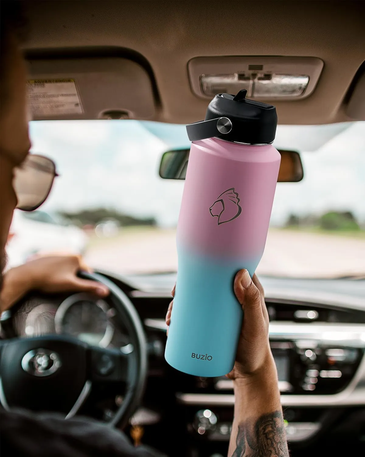 BUZIO Stainless Steel Water Bottle Vacuum Insulated (Cold for 48 Hrs, Hot for 24 Hrs),32oz Tumbler Travel Flask with Straw Lid and Flex Cap, Fit in Any Car Cup Holder,Bubble Gum