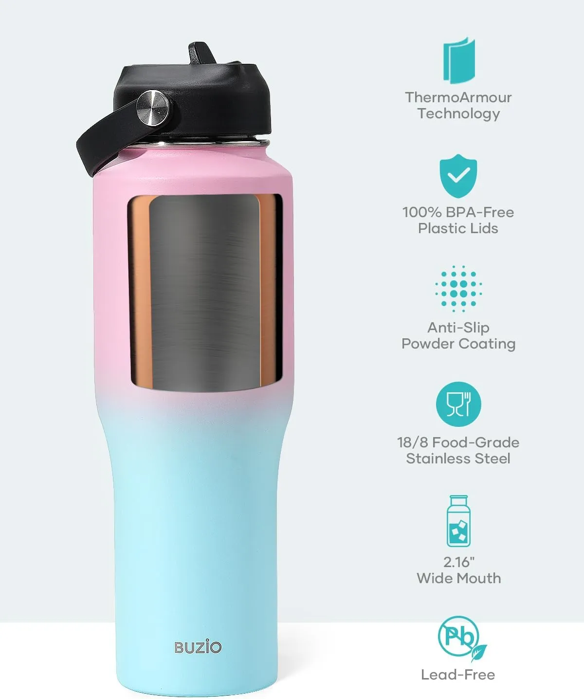 BUZIO Stainless Steel Water Bottle Vacuum Insulated (Cold for 48 Hrs, Hot for 24 Hrs),32oz Tumbler Travel Flask with Straw Lid and Flex Cap, Fit in Any Car Cup Holder,Bubble Gum