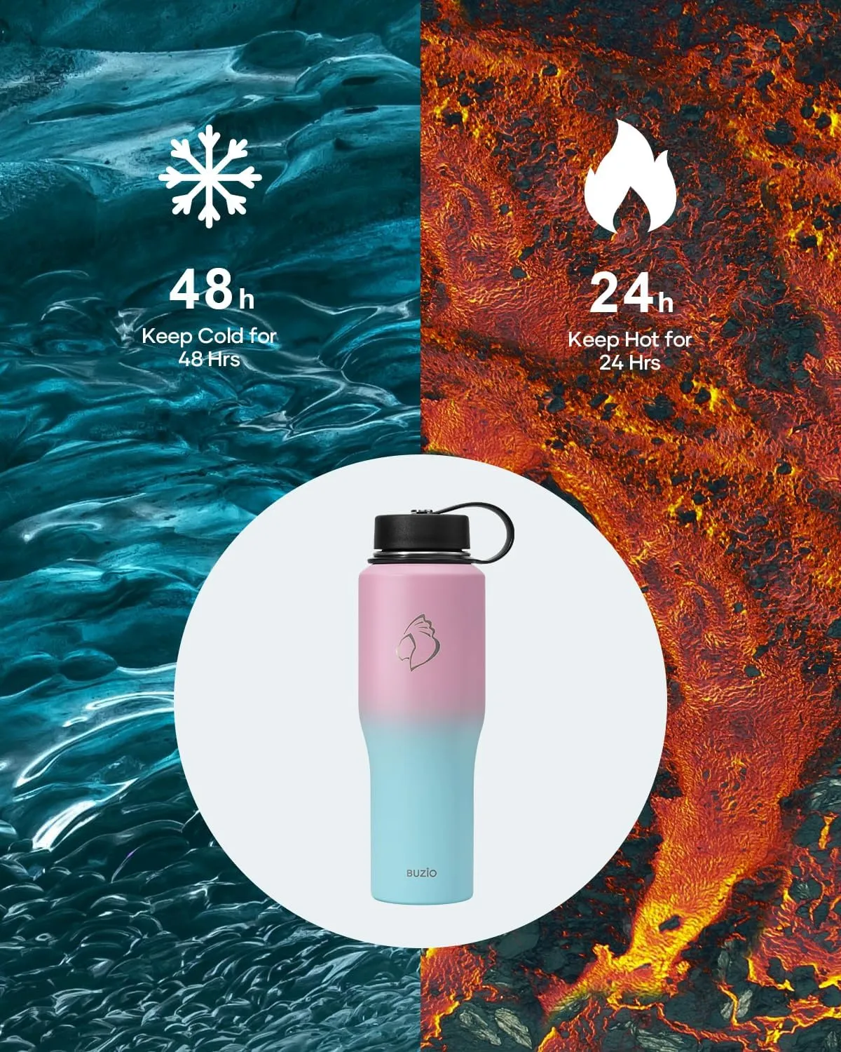 BUZIO Stainless Steel Water Bottle Vacuum Insulated (Cold for 48 Hrs, Hot for 24 Hrs),32oz Tumbler Travel Flask with Straw Lid and Flex Cap, Fit in Any Car Cup Holder,Bubble Gum