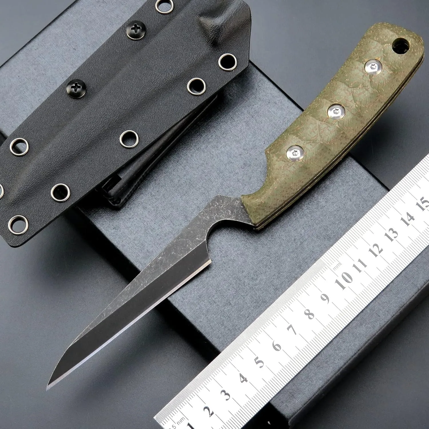 C1291 Fixed Blade Knife Outdoor Camping Hunting Field Knife D2 Blade with Micarta Handle Waist Clip EDC Kydex Sheath(Green)
