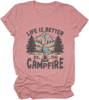 Camp Lover Life Shirt, Life is Better by The Campfire T-Shirt for Camper Hiking Short Sleeve Family Trip Tee Tops