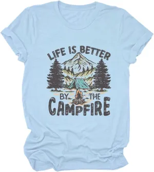 Camp Lover Life Shirt, Life is Better by The Campfire T-Shirt for Camper Hiking Short Sleeve Family Trip Tee Tops