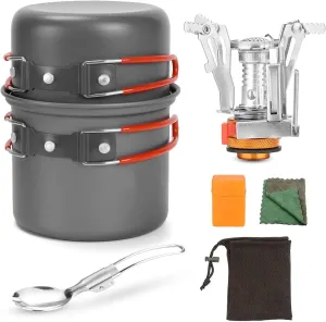 Camping Cookware Mess Kit Camping Cookware Set with Stove and Pan Portable Campfire Stainless Steel Cook Gear Camping Cookware Kit is for Anyone Loves Outdoor Activities.